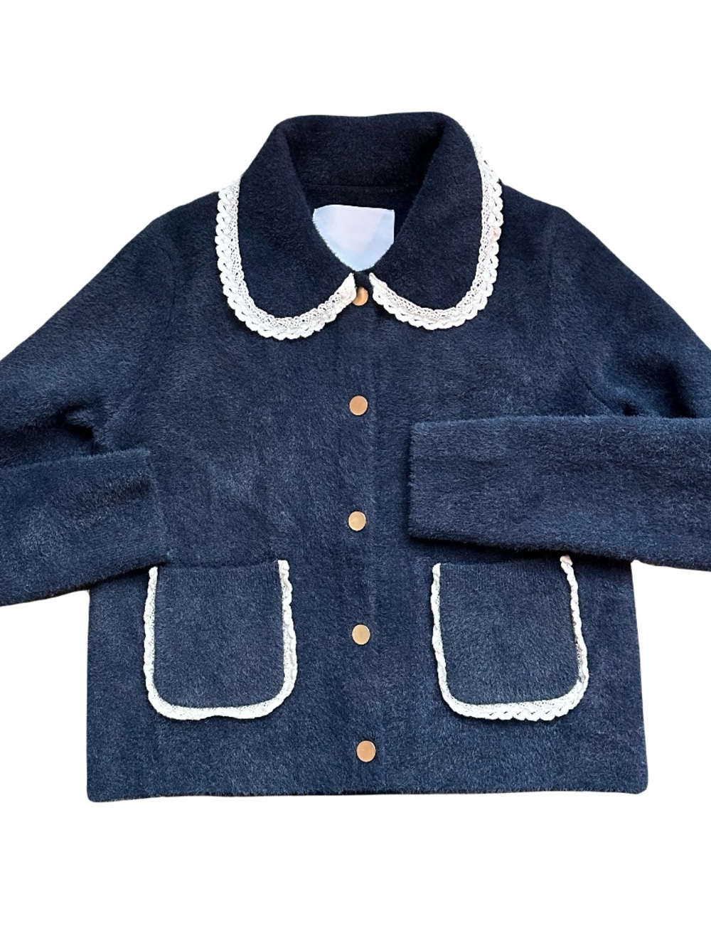 Anthropologie NVLT Navy Crochet-Trim Peter Pan Collar Jacket - Picture 5 of 6